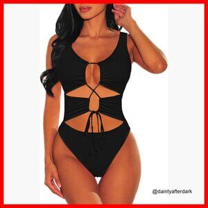 Mesh One Piece Swimsuit with Adjustable Crisscross Front Cheeky Bottom